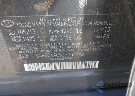 2013 Hyundai Sonata Se z USA, uszkodzony, nr VIN 5NPEC4AC5DH759748